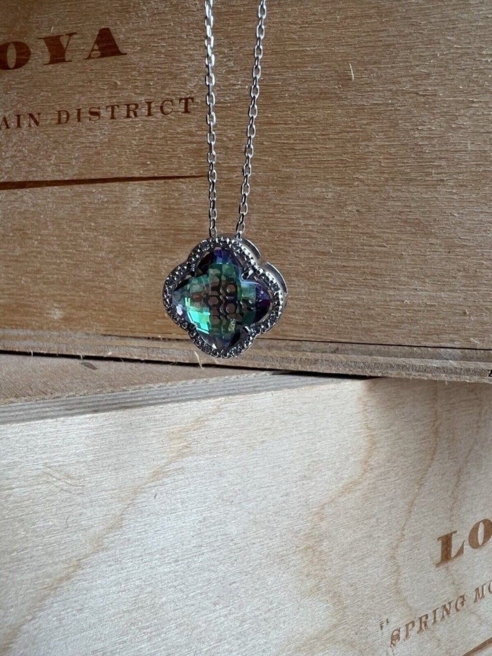 Mystic Topaz Cubic Zirconia Crystal Pendant Necklace 925 Sterling Silver Clover